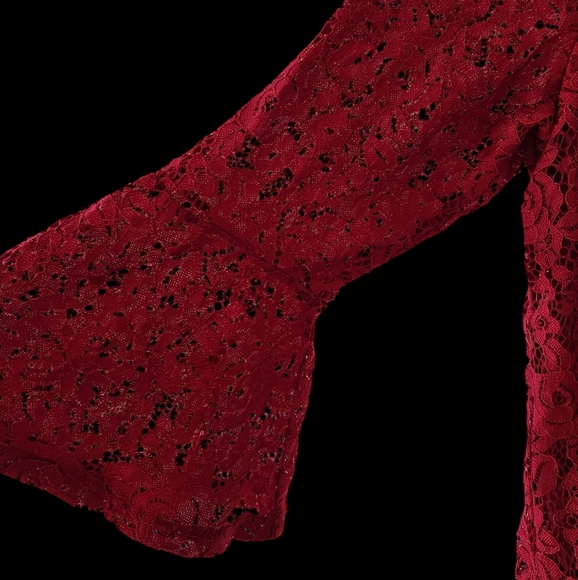 Women's Red Lace 1X Top Shirt Bell Sleeve Whimsygoth Corset Sheer Boho Festival - Picture 4 of 6